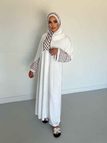 Olive Palestinian Abaya -White and Brown  - U.A.E