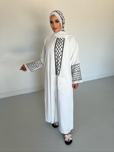 Olive Palestinian Abaya -White and Black  - U.A.E