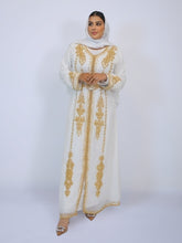 Load image into Gallery viewer, Jamilah Takshita/ Kaftan set- Off White with Gold beads