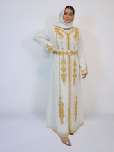 Load image into Gallery viewer, Jamilah Takshita/ Kaftan set- Off White with Gold beads