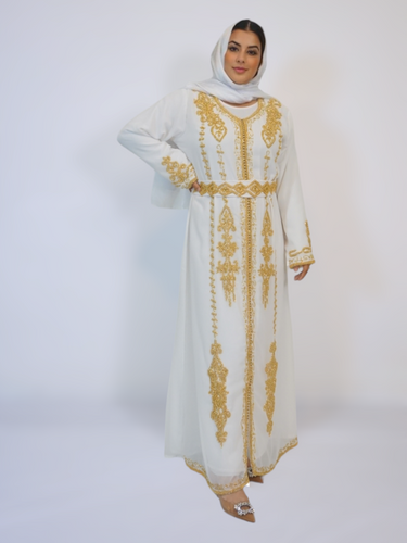 Jamilah Takshita/ Kaftan set- Off White with Gold beads