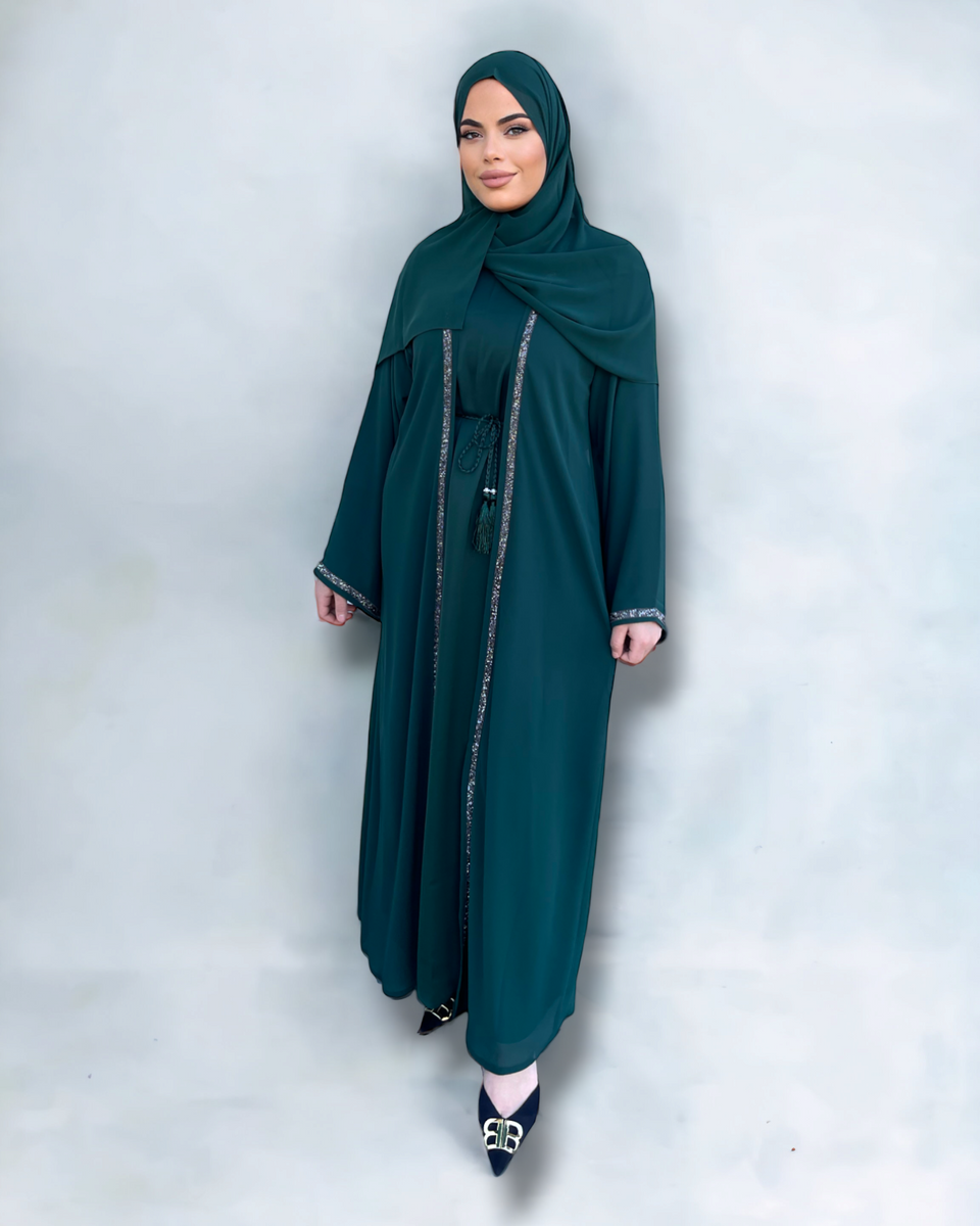 Diamante' Lux Abaya Set - Emerald Green (3 piece Set) – MOZA Kaftans ...