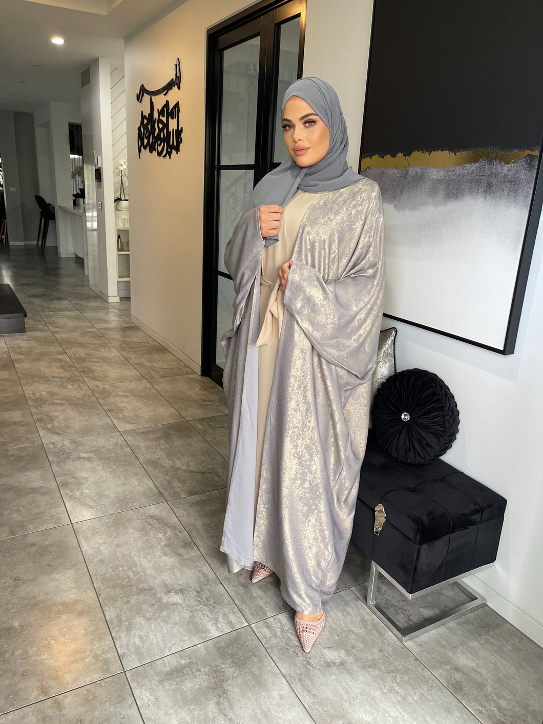 Shimmer Abaya set  - Grey