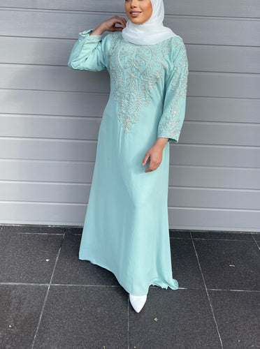 Pearl Kaftan Dress - Aqua Blue with Sleeves